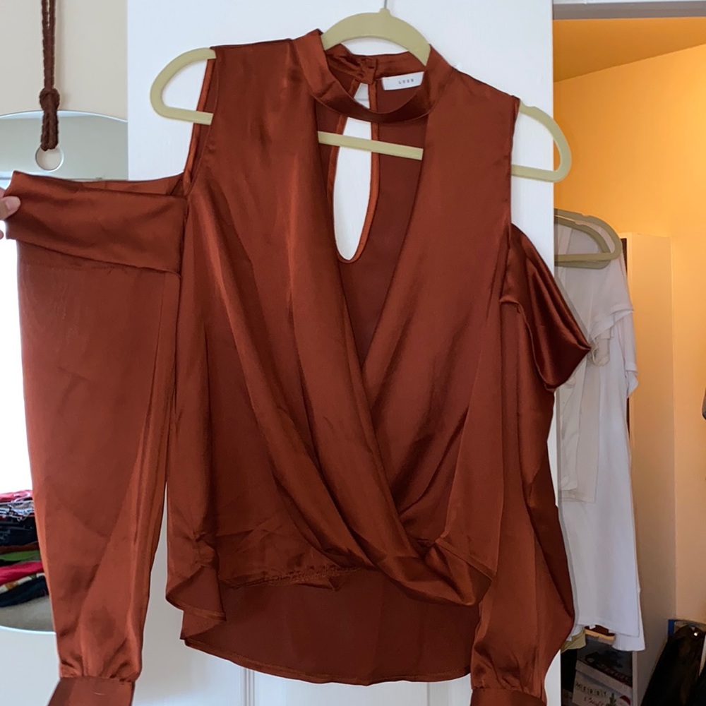 Lush Satin Blouse with low cut front and cold shoulder sleeves